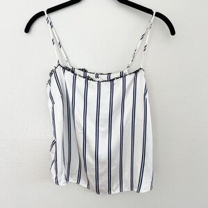 Fleur du Mal Silk White & Navy Striped Cropped Tank Top with Black Lace Trim